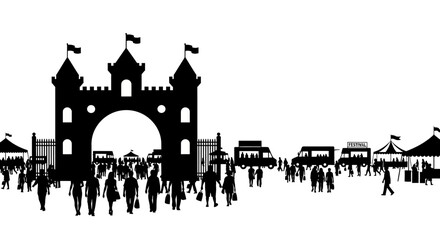Obraz premium Silhouette of a large crowd walking through a castle gate at a festival.