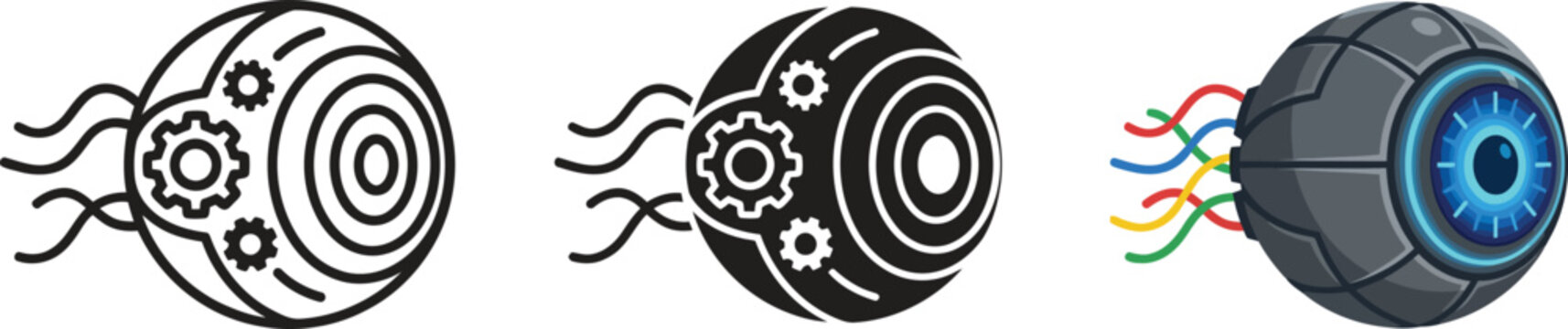 Set of futuristic bionic eye icons featuring outline glyph and detailed styles with glowing blue iris perfect for AI and technology concepts