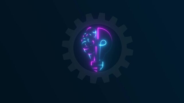 Conceptual animation of brain lightbulb inside a rotating gear cog.