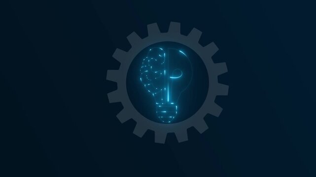 Conceptual animation of brain lightbulb inside a rotating gear cog.