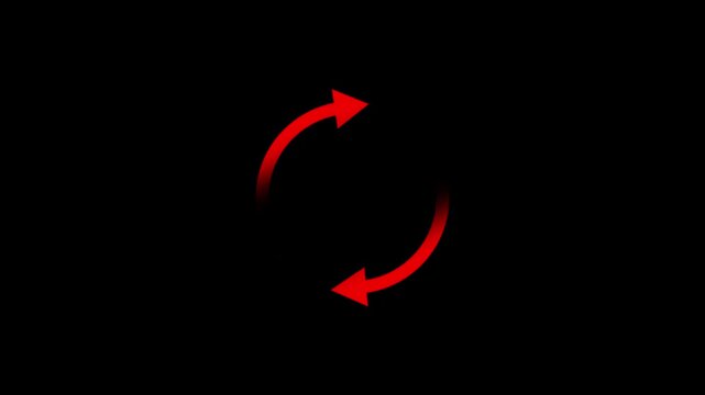 Circle arrow refresh and reload icon animation with loading progress. Animated loading refresh arrows spinning on black background.