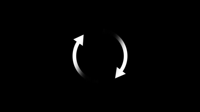 Circle arrow refresh and reload icon animation with loading progress. Animated loading refresh arrows spinning on black background.