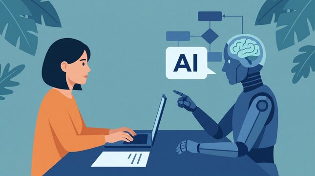 Woman AI robot collaborating on laptop