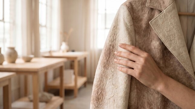 Mano femenina tocando textura org&aacute;nica de chaqueta de micelio