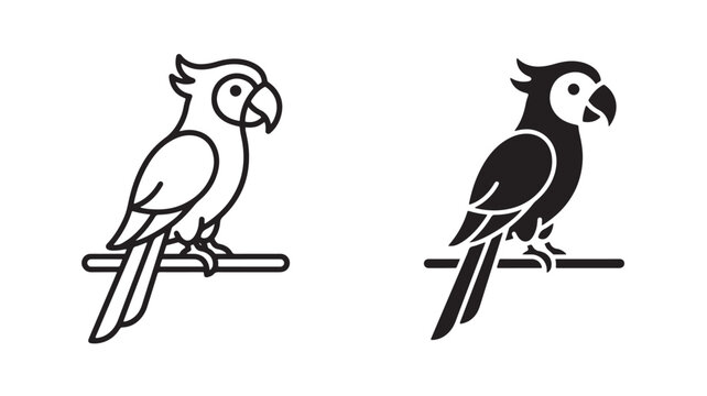 Parrot Birds Sitting On Branch Black And White Line Art For Illustration Concepts