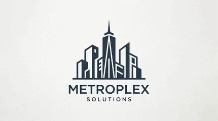 Fototapeta premium Metroplex Solutions logo featuring modern city skyline and abstract architecture emblem.
