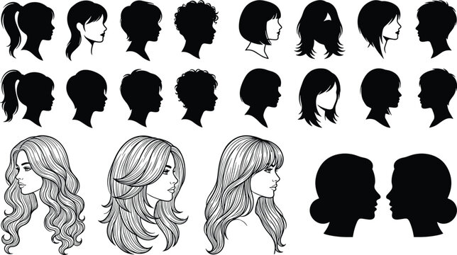 Collection of woman head silhouettes and detailed hair line art illustrations featuring various hairstyles for beauty salon and fashion branding