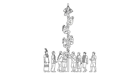 Obraz premium Line art illustration of a traditional Danza de los Voladores ritual ceremony.
