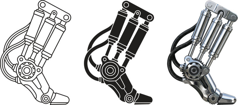 Futuristic robotic leg in three styles detailed outline solid black glyph and realistic chrome ideal for engineering and medical technology 