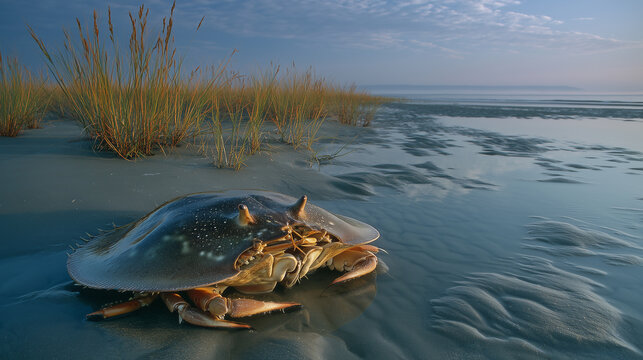 Horseshoe crab on shallow coastal sand flat with calm blue water and beach grass