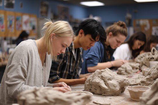 art class with students working on clay sculptures
