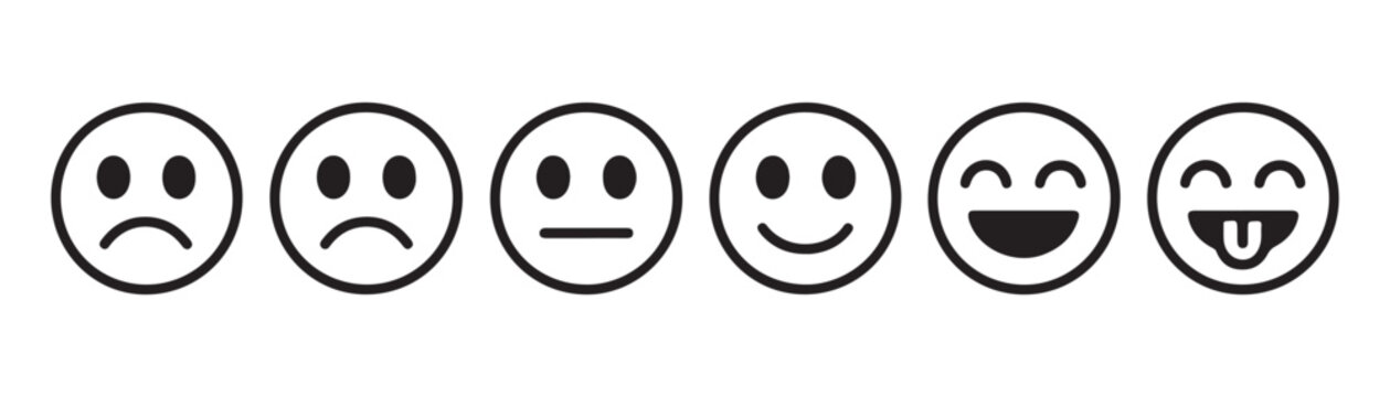 Horizontal series of six line art emoji faces representing different emotions from sad to happy.