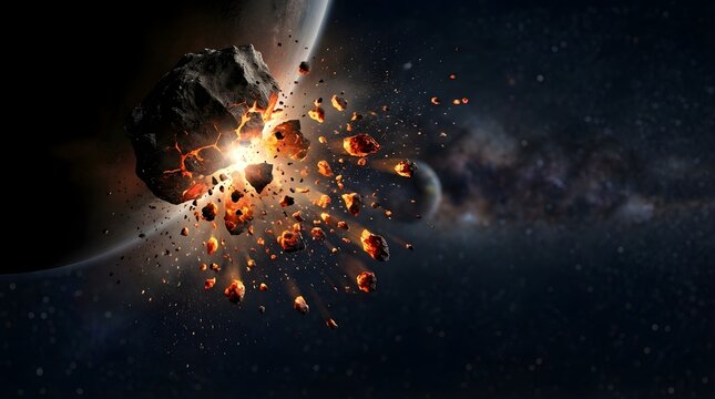 Asteroid exploding near a planet in deep space with glowing debris