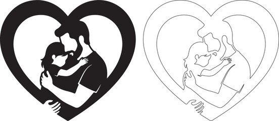 Obraz premium Heartwarming Family Love, Heart Shaped Silhouettes, Black and White Vector Icons, Family Emotions
