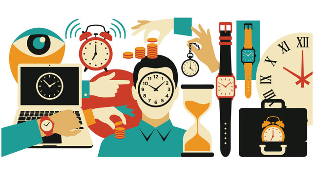 Concept of time management and deadline with various clock symbols.
