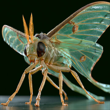 Close-up of a green luna moth with delicate wings and prominent antennae, macro photography