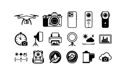 Fototapeta premium Modern camera and photography icon collection in black and white editable vector style