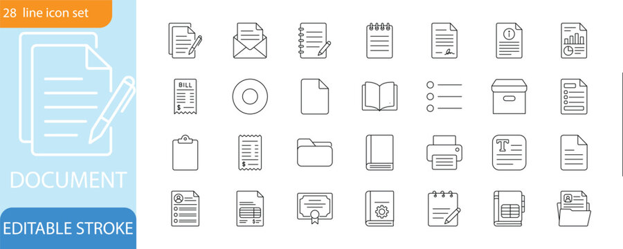 Document Paperwork Line Icon Set.for file folder, contract agreement, and invoice.Editable vectors