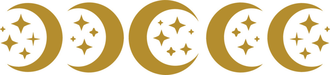 Mystical gold crescent moon phase collection with sparkling celestial stars icons, magic astrology and tarot elements for boho design patterns. © MdGohurul