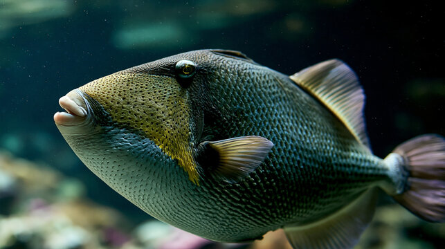A grey and yellow triggerfish swims in clear water near coral with deep sea, marine biology