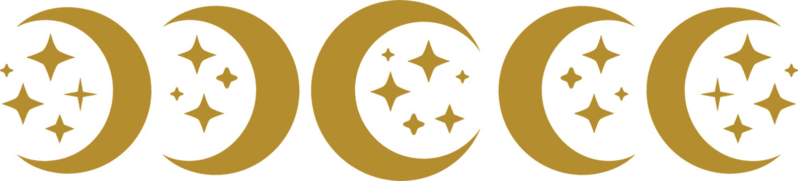Mystical gold crescent moon phase collection with sparkling celestial stars icons, magic astrology and tarot elements for boho design patterns.
