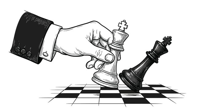 Flat Vector Sketch Illustration of Hand Knocking Over Chess King