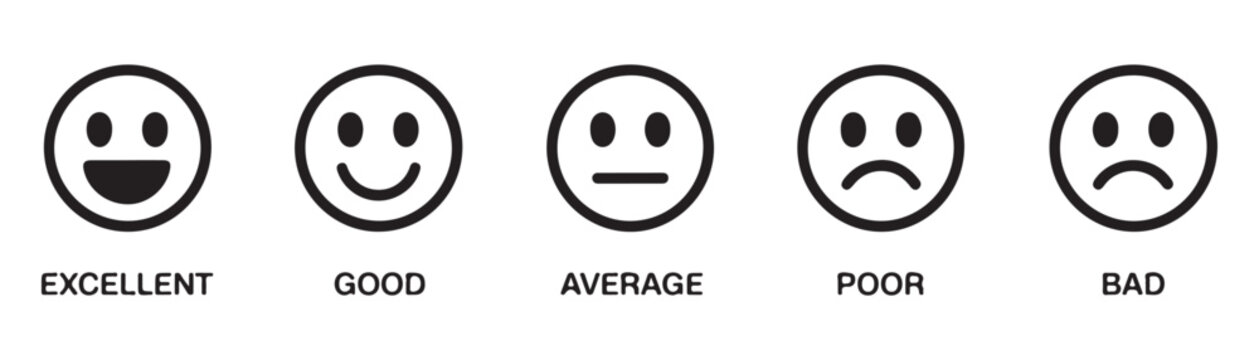 Five rating emoticons excellent good average poor bad with text labels above transparent.