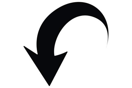 Black curved arrow icon pointing downward isolated on transparent background for interface layout