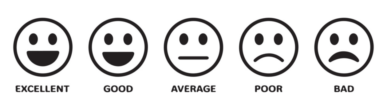 Five rating emoticons excellent good average poor bad with text labels above transparent.