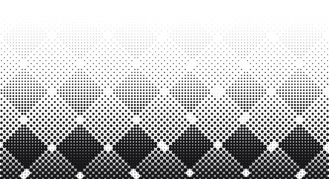 Abstract black and white halftone diamond pattern. geometric pixelated rhombuses, fading dotted gradient, light copy space. for retro minimalist backgrounds, modern overlays. stock vector.