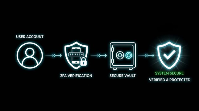 Minimal cybersecurity system with user account 2fa verification secure vault and system secure verified protected on black background