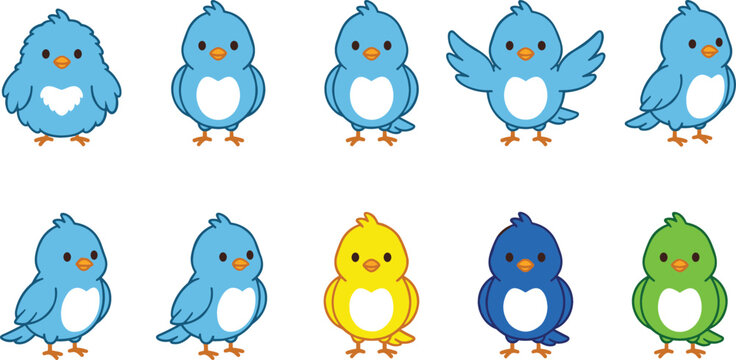 Adorable little bluebird cartoon sprites collection with various standing and flying wing poses plus colorful yellow and green bird variants for game design.