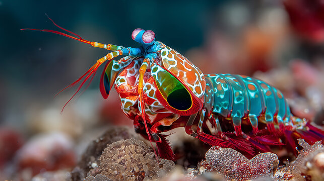 Colorful mantis shrimp on coral reef seabed in tropical underwater marine wildlife scene