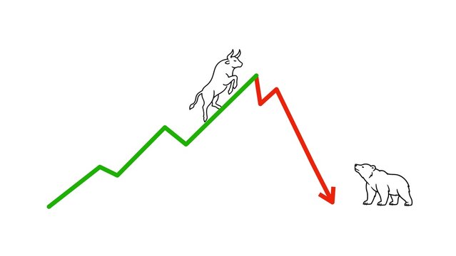 Minimal bullish and bearish stock market concept featuring a rising green trend, falling red chart, line art bull and bear illustration on clean background for finance and investment themes.