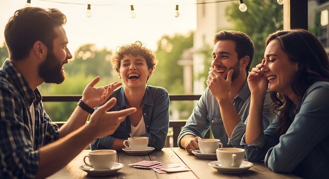 A smiling group of friends and business people sit together at a cafe table indoors, drinking coffee and talking during a breakfast meeting captured in a smooth steadicam shot