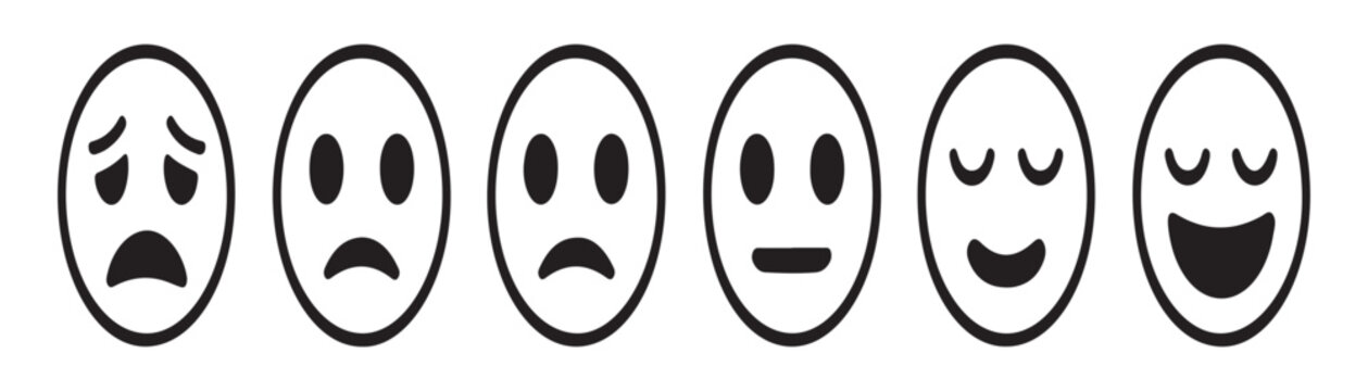 Series of oval face icons depicting range of moods from sadness to happiness in linear art style.