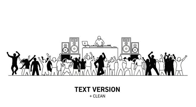 Black and white illustration of a DJ performing for a dancing crowd.