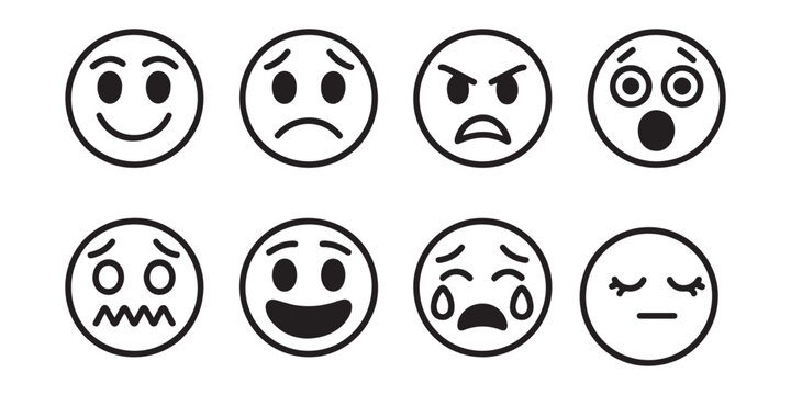 Set of eight outlined emotion faces including happy, sad, angry, surprised, and worried expressions.