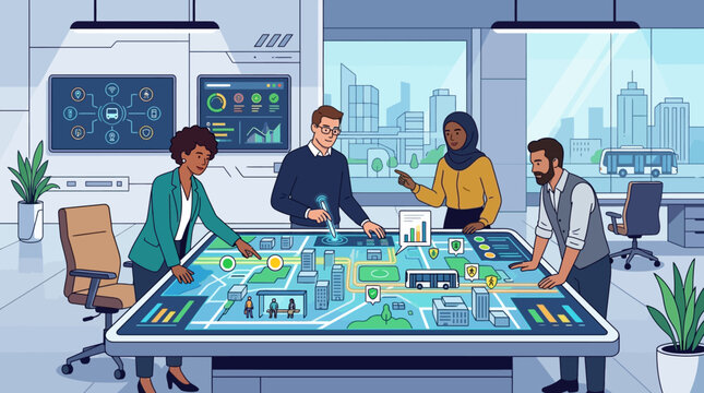 Diverse team of professionals collaborating on smart city urban planning using interactive touch screen technology and data visualization dashboards.