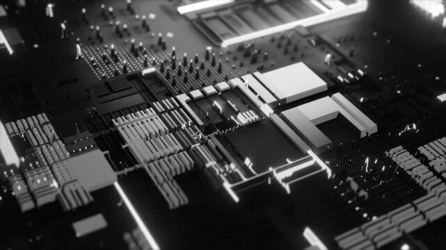 An abstract microchip with illuminated elements and a complex structure of electronic components. The animation symbolizes modern computing systems, data flows, and a high-tech environment.