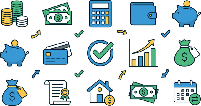 Finance and Money Icons Collection with Piggy Banks, Coins, Credit Cards, Wallets, Bills, Calculator, Graphs, Savings, Investment, Banking, and Financial Planning Symbols