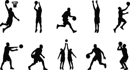 Black Basketball Player Silhouette Set Dunk Shooting Dribbling Passing Defense Jump Sport Action Pose Vector Collection Isolated White Background Design © AponChandro