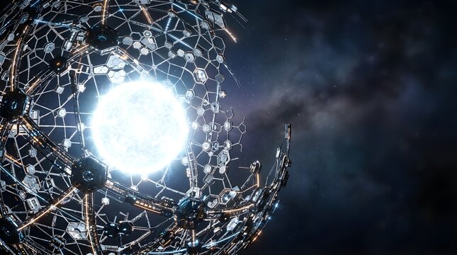 Futuristic Dyson sphere surrounding a bright star in deep galaxy cosmos