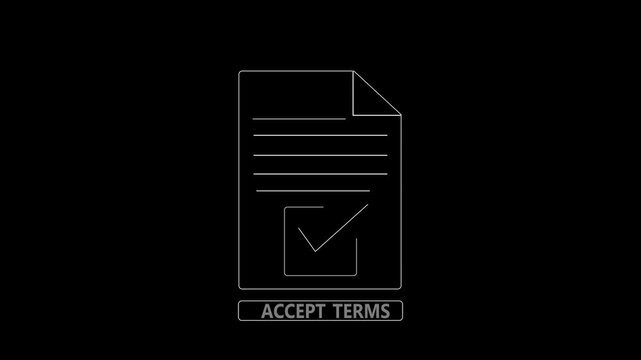 Minimal PDF document animation with checkmark and &ldquo;Accept terms&rdquo; button. Concept of terms and conditions agreement and legal