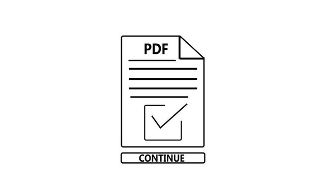 Minimal PDF document animation with checkmark and &ldquo;Continue&rdquo; button. Concept of workflow progression, user navigation, and digital process flow.