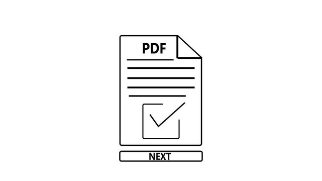 Minimal PDF document animation with checkmark and &ldquo;Next&rdquo; button. Concept of step navigation, workflow continuation, and UI interaction.