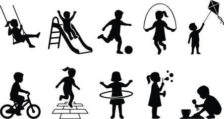 Black Children Playing Silhouette Set Swing Slide Football Jump Rope Kite Bicycle Hopscotch Hula Hoop Bubble Sand Vector Collection Isolated White Background Design © AponChandro