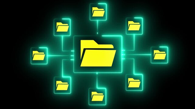 Document management system DMS. Folder structure and classification system. File and folder icons. 