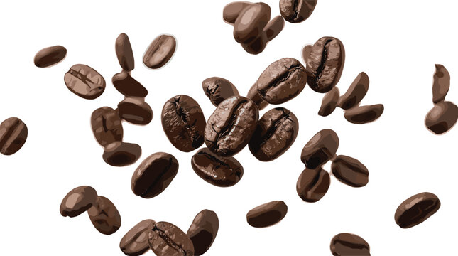 Roasted coffee beans falling and flying vector illustration set featuring dark organic arabica grains floating isolated on a clean white background.
