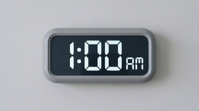 Digital clock displaying 1 00 am on a gray background with modern design